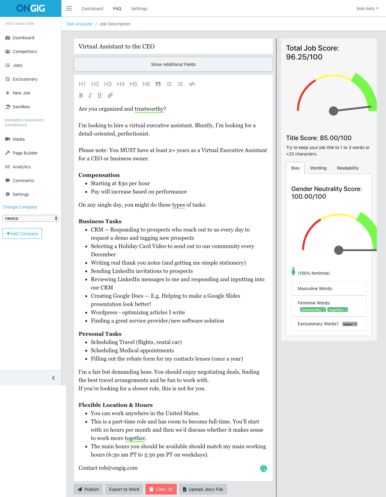 Bias-free virtual assistant job description in Ongig