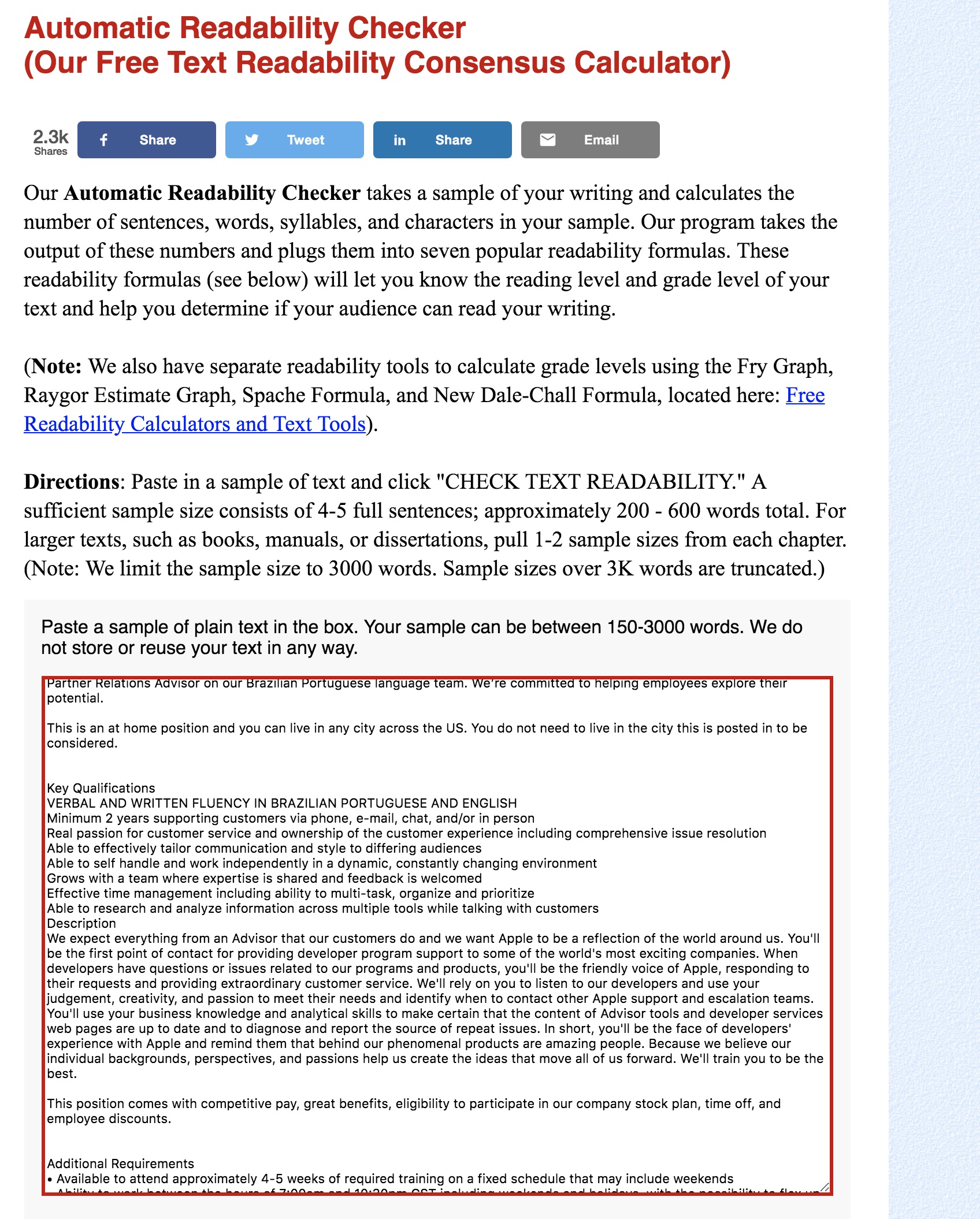 Free Job Description Writing Tools - ReadabilityFormulas.com - Ongig Blog | Ongig Blog Readability Formulas Text Analysis of a Job Description
