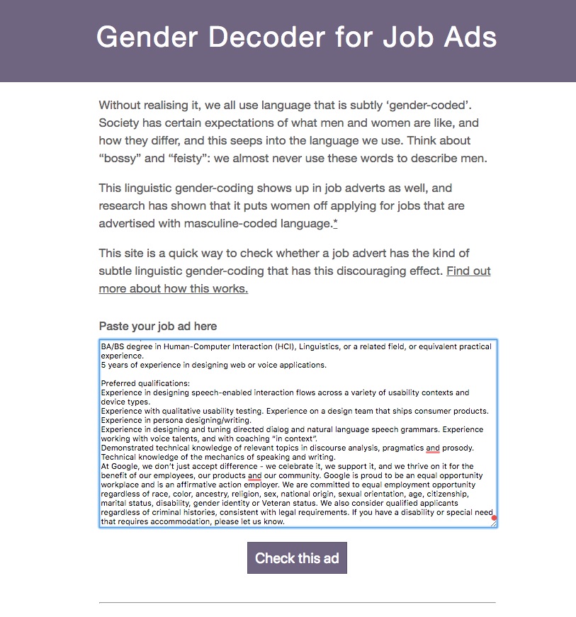 Complimentary Job Description Creation Tools - Gender Decoder - Ongig Blog | Ongig Blog Gender Decoder renders your text gender neutral