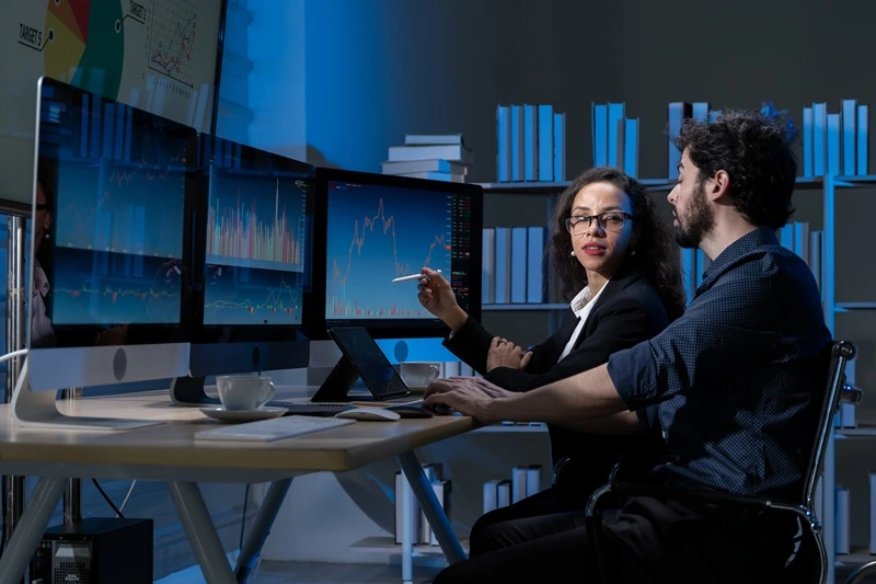 Team Members Reviewing Reports And Applying Data Management Skills To A Business Project