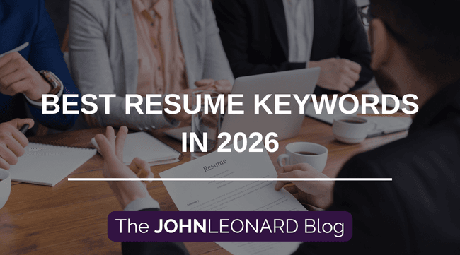 Team assessing a resume during a conference with overlay text “Best Resume Keywords in 2026 – The JOHNLEONARD Blog”