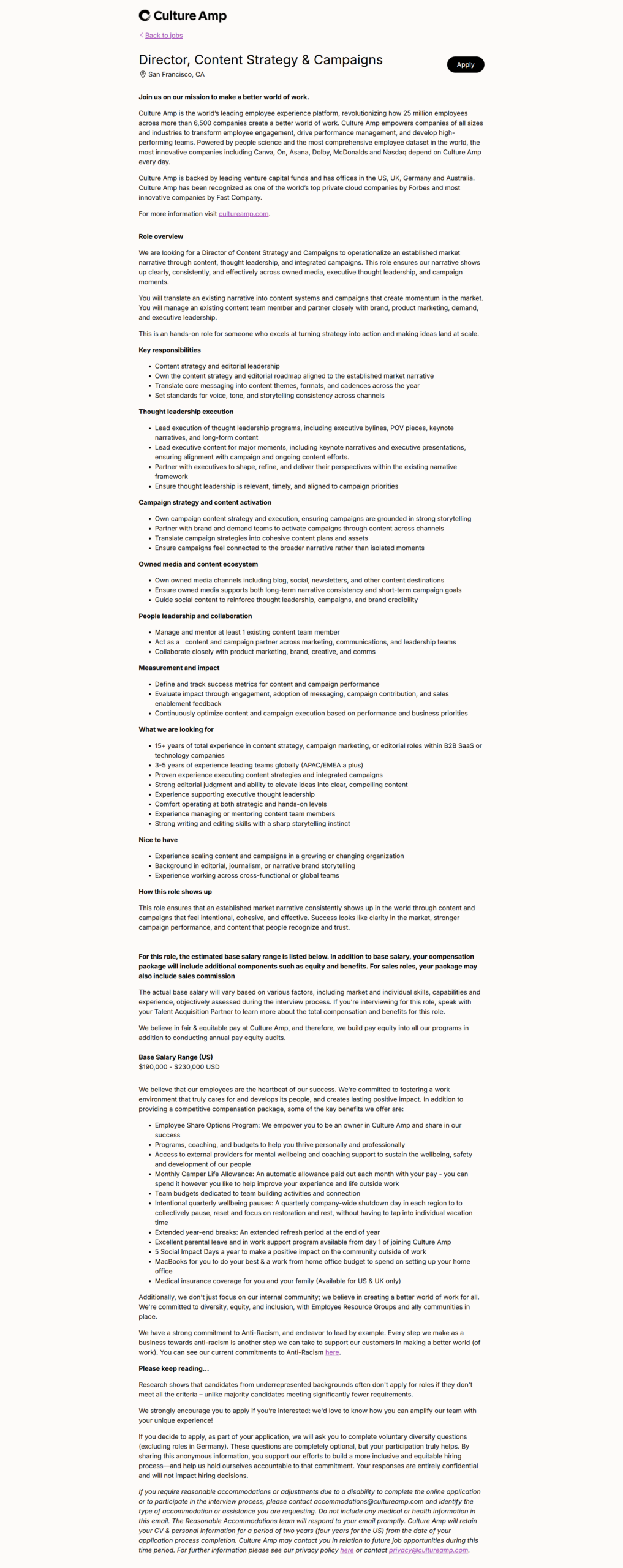 Director Content Strategy Campaigns - Culture Amp | Ongig Blog