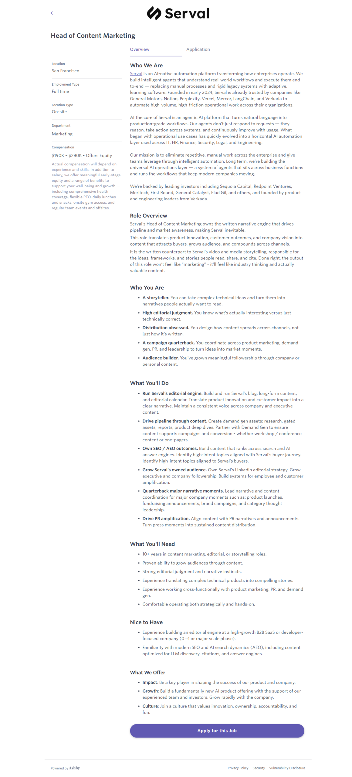 Head of Content Marketing - Serval | Ongig Blog