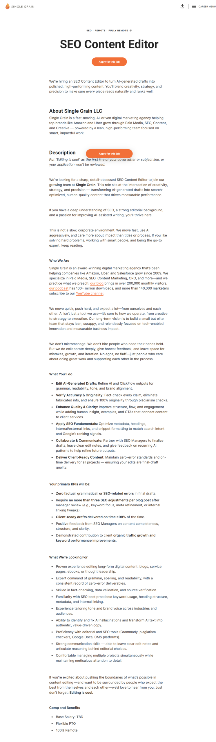 SEO Content Editor - Single Grain | Ongig Blog