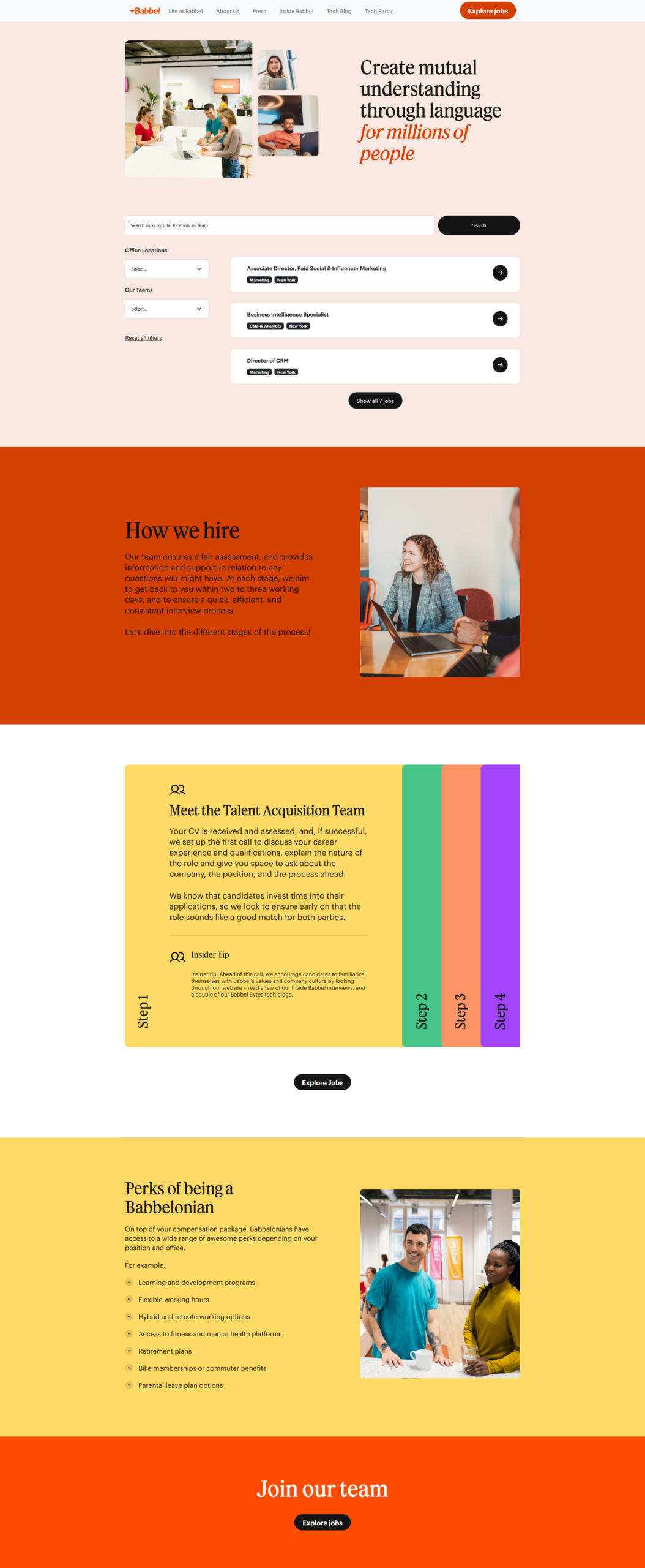 Babbel Career Site | Ongig Blog Babbel careers page hero with collage, search filters, and list of job cards, inviting users to explore opportunities.