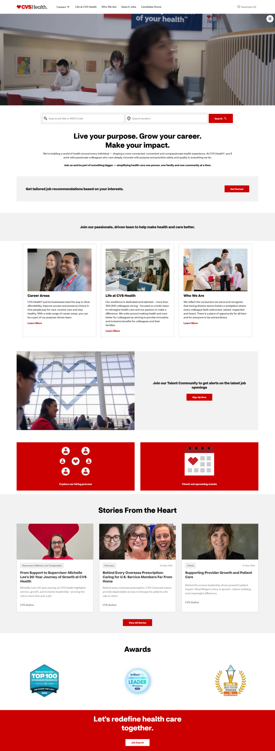 CVS Career Site | Ongig Blog CVS Health careers homepage hero: individuals in a modern lobby with a prominent search bar for job title and location, and a bold headline about purpose and career development.