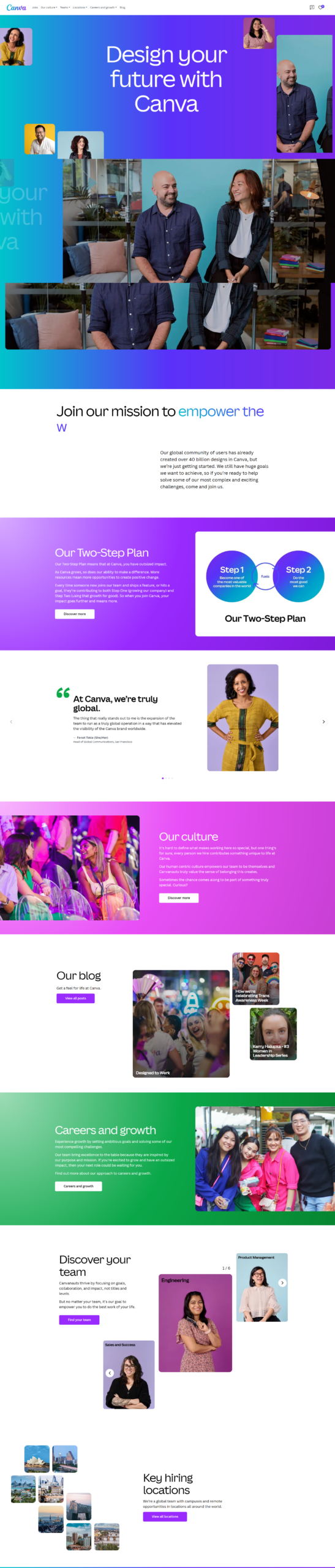 Canva Careeer Site | Ongig Blog Canva homepage hero featuring a blue-purple gradient banner and the phrase 'Design your future with Canva'.