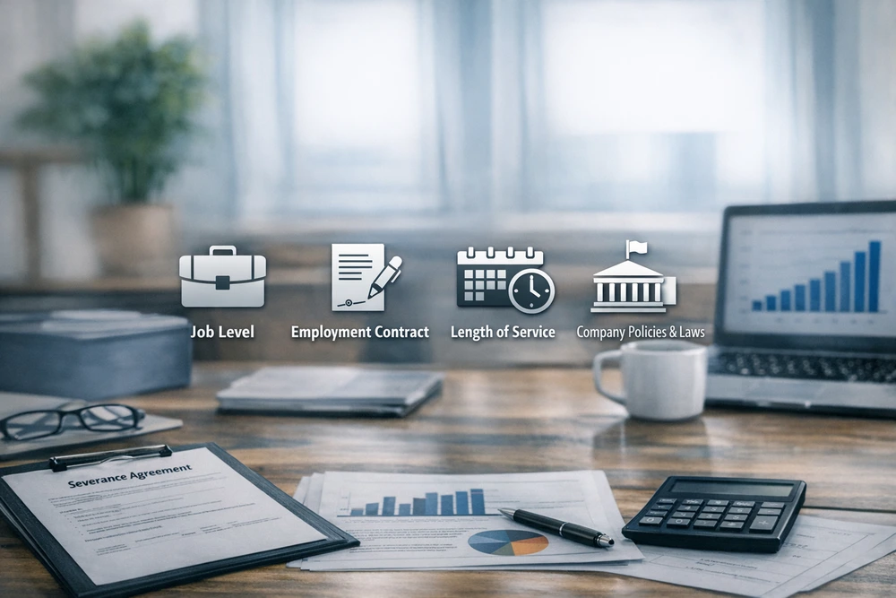 Icons Depicting The Factors That Impact Average Severance Package With An Office Desk In The Foreground.