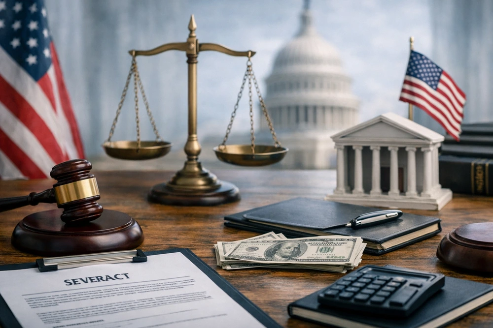 A Judge’s Gavel, Brass Scales Of Justice, A Miniature Courthouse, And An American Flag, All Set Against A Softly Lit Office Backdrop.