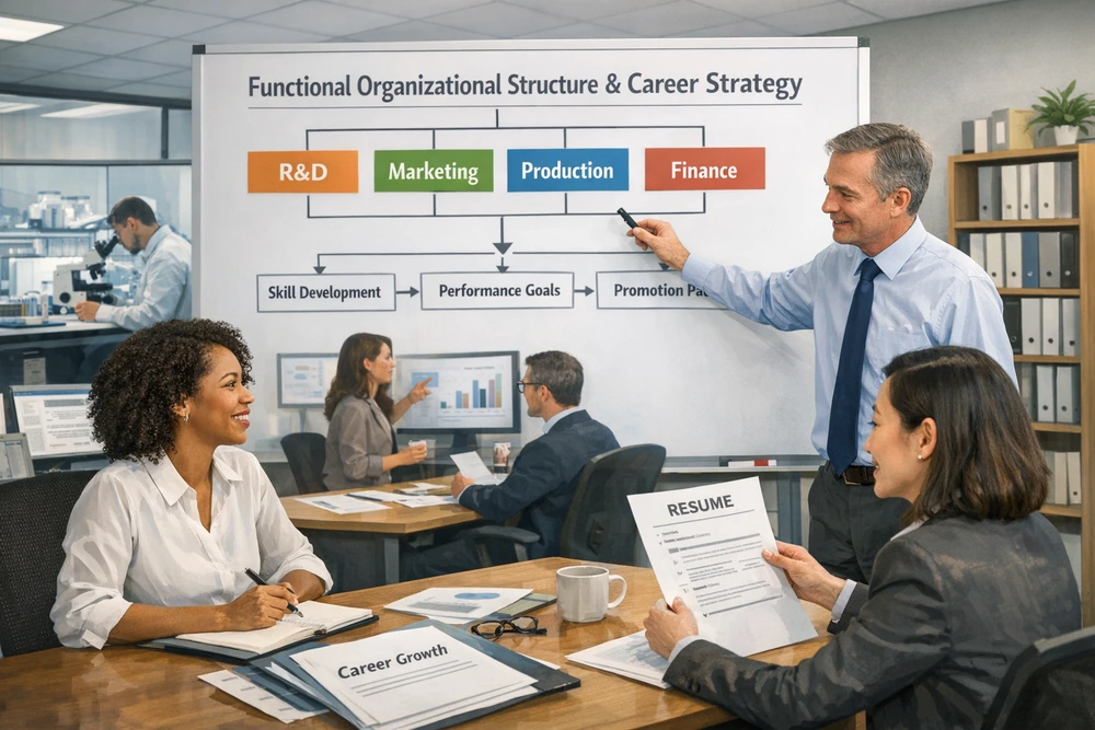 Contemporary Office Environment Depicting The Operational Organizational Framework And Career Approach With Employees Collaborating Across Divisions To Enhance Skills, Establish Performance Objectives, And Strategize Advancement Paths.