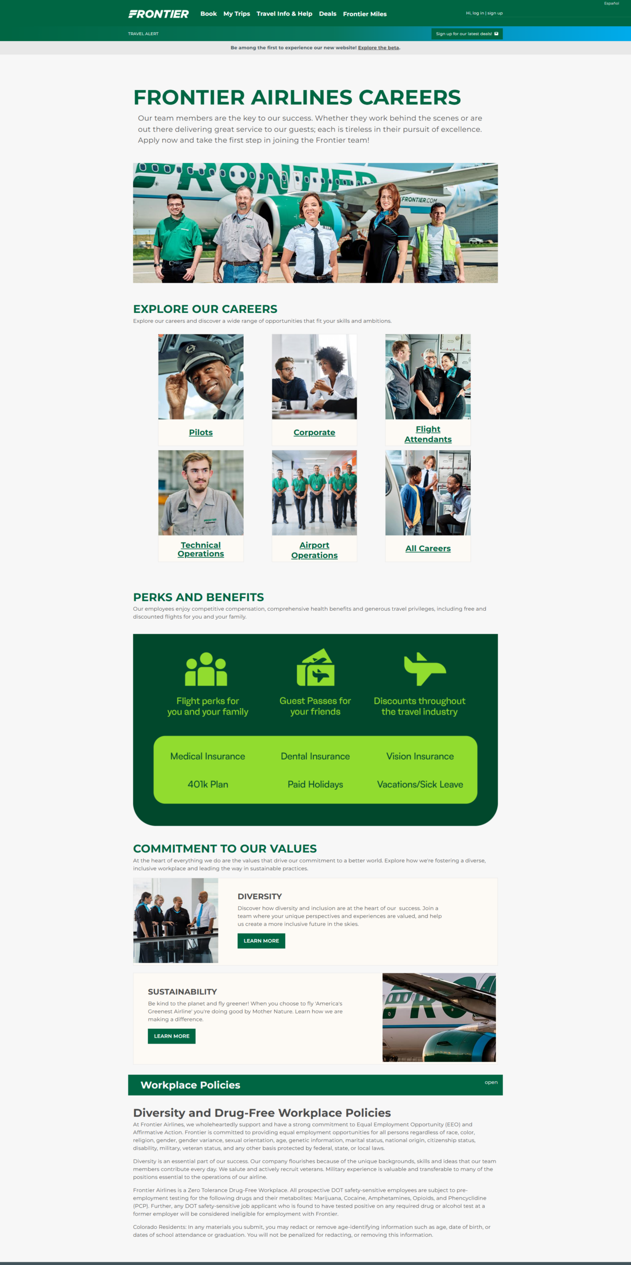 Fly Frontier Career Site | Ongig Blog Frontier Airlines careers page hero: team standing in front of a Frontier airplane, introducing career opportunities at Frontier.