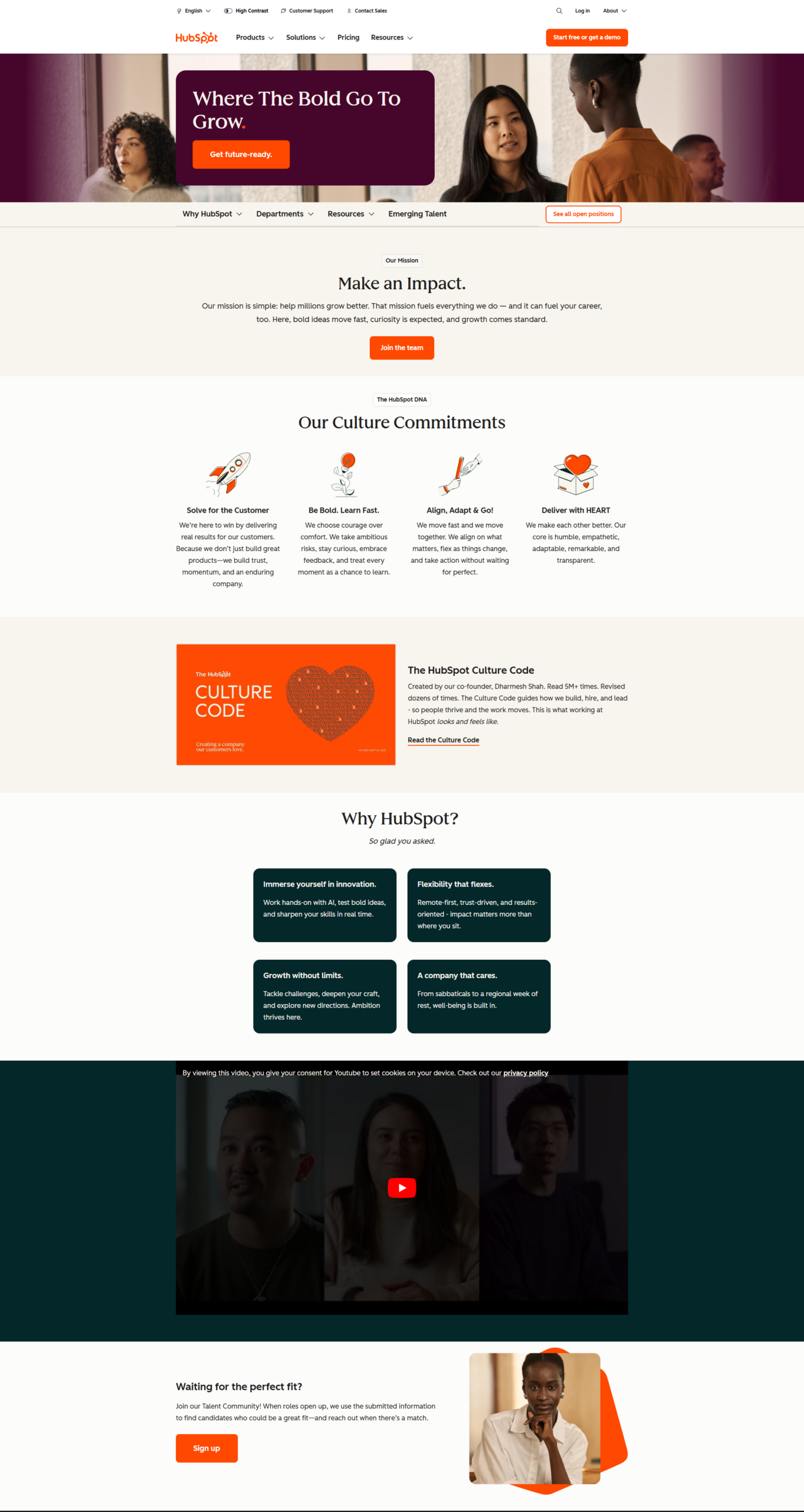 Hubspot Career Site | Ongig Blog Diverse group of individuals in a HubSpot careers hero with the headline 'Make an Impact' and a 'Join the team' button.