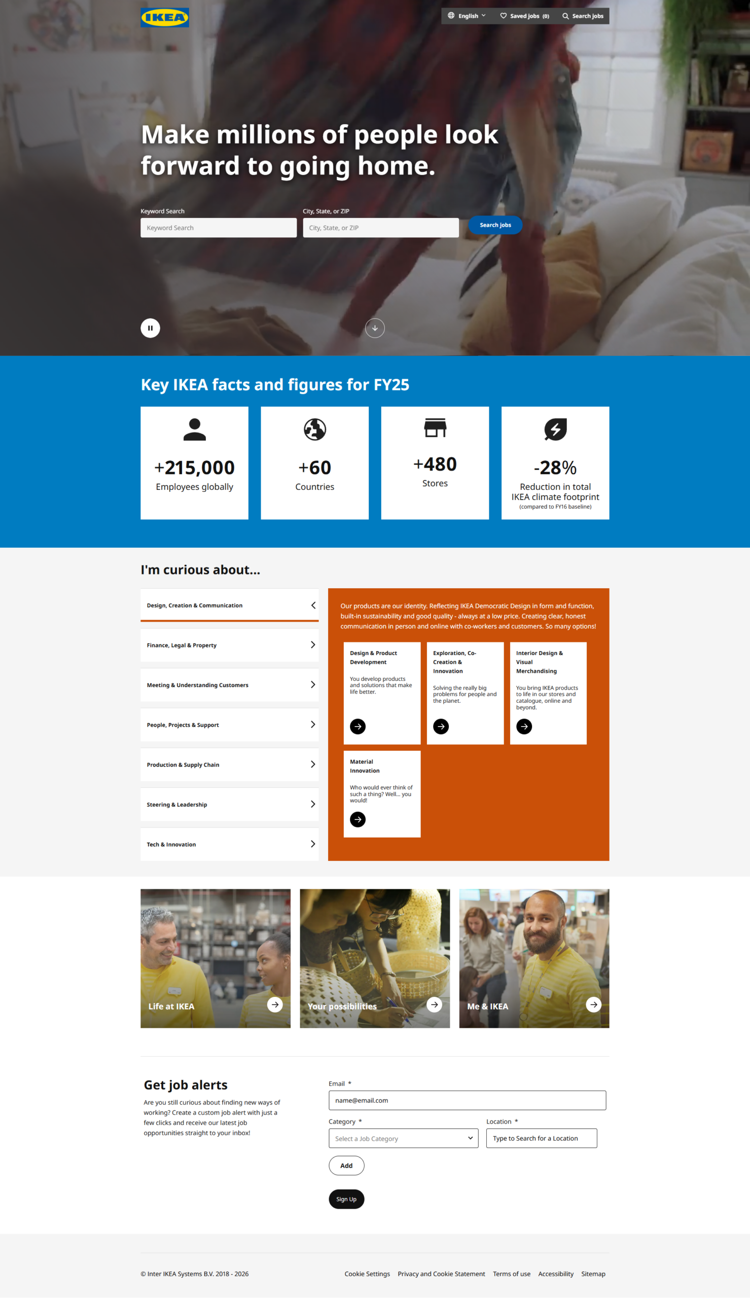 Ikea Career Site | Ongig Blog IKEA careers homepage hero featuring large white title and job search fields over a blurred living room background and logo at the top left.