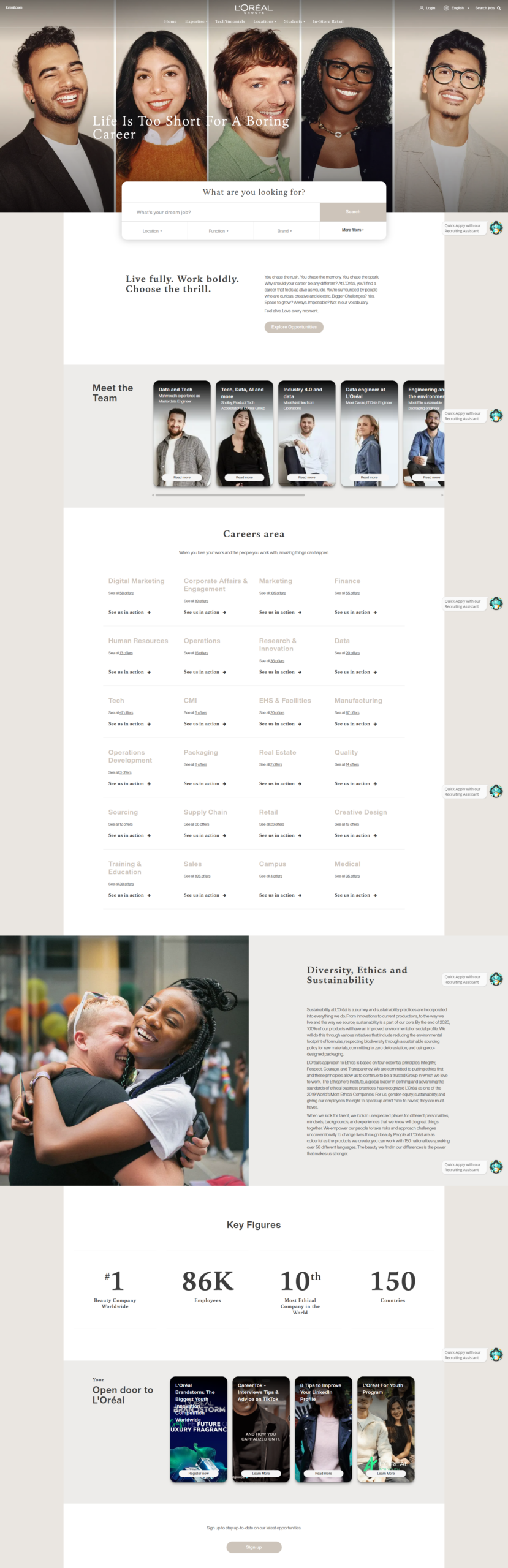 L'oreal Career Site | Ongig Blog L'Oréal careers homepage hero displaying diverse professionals, navigation menu, and a search panel overlay.