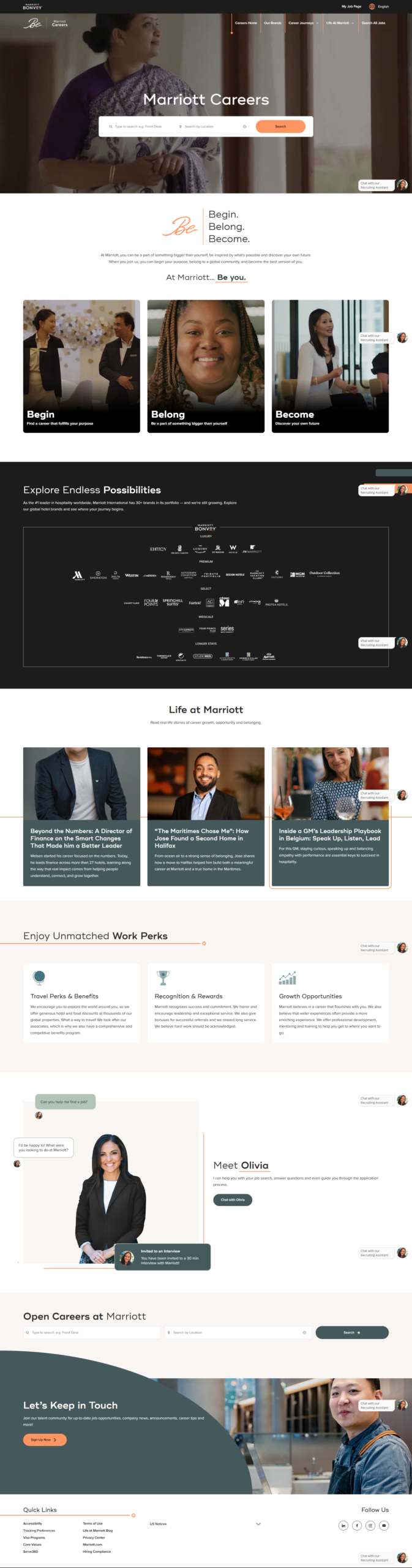 Marriott Career Site | Ongig Blog Marriott Careers homepage hero: a woman in traditional attire beside a doorway with a job search bar overlay.