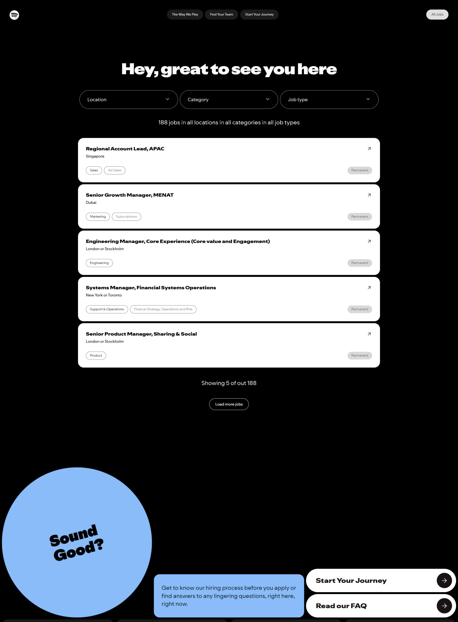 Spotify Career Site | Ongig Blog Dark-themed job search page showcasing three rounded filter options (Location, Category, Job type) along with a list of white job cards displaying title, location, and tags; bottom features a ‘Load more jobs’ button with decorative blue circles in the background.