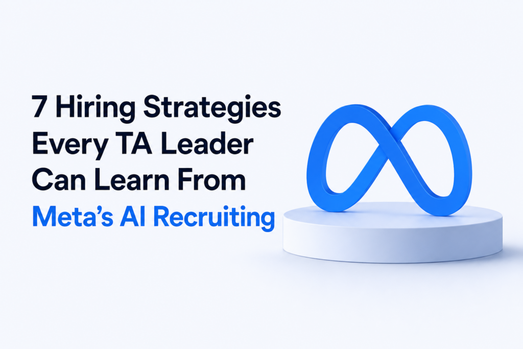 7 hiring strategies for TA leaders | Ongig Blog Main image featuring a striking headline about hiring tactics and Meta's AI recruitment, with a blue infinity logo on a pedestal to the right.