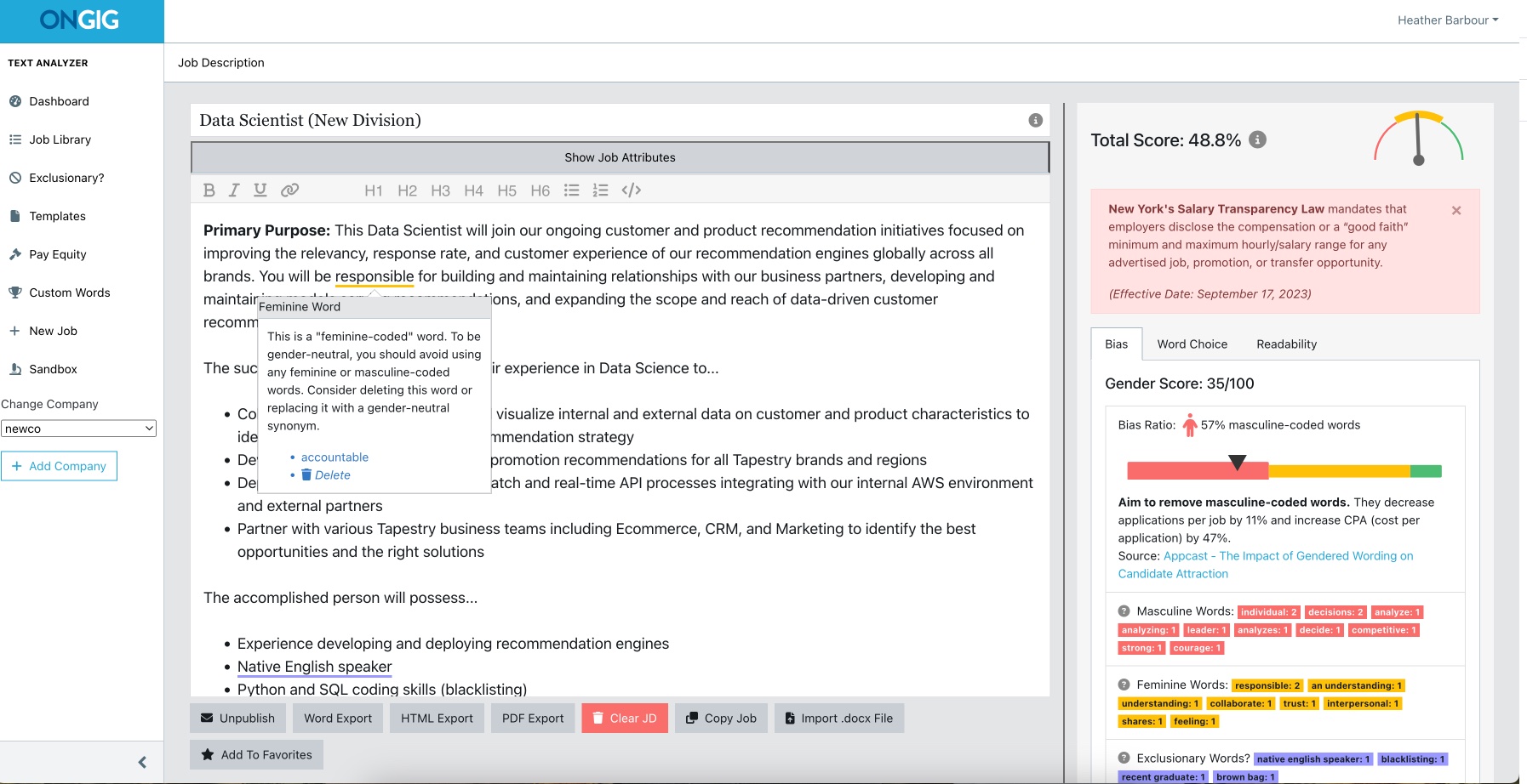 female coded words in ongig text analyzer